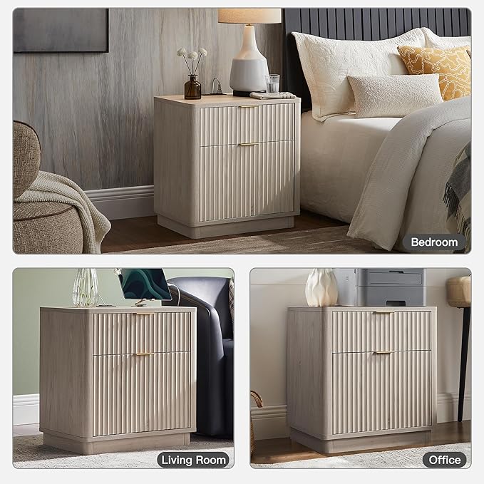 T4TREAM 23'' Fluted Nightstand Set of 2 with Charging Station, Large 2 Drawer Side Table, Modern End Table with Storage, Mid Century Bedside Table for Bedroom, Living Room, Curved Profile, White Alder