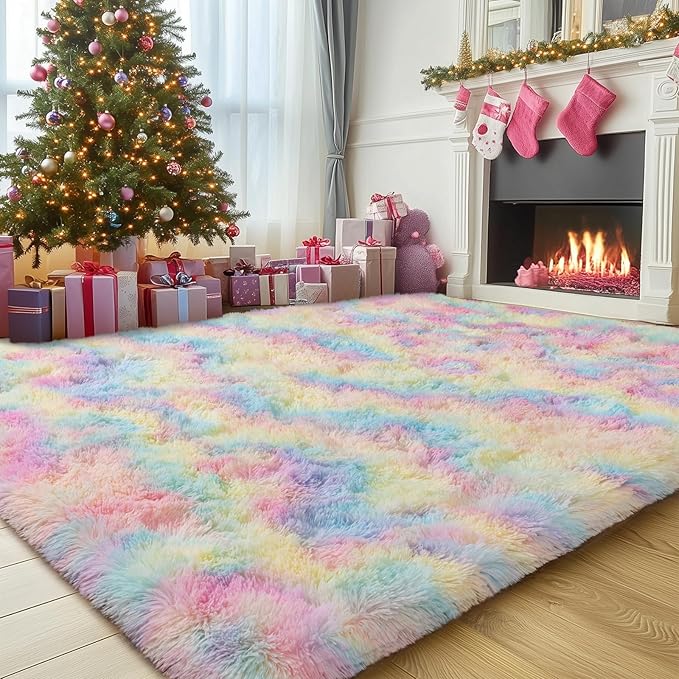Fluffy Rainbow Rug for Bedroom Girls, 6x9 Cute Colorful Shag Rug for Kids Room, Soft Fuzzy Shaggy Rugs for Living Room Home Decor