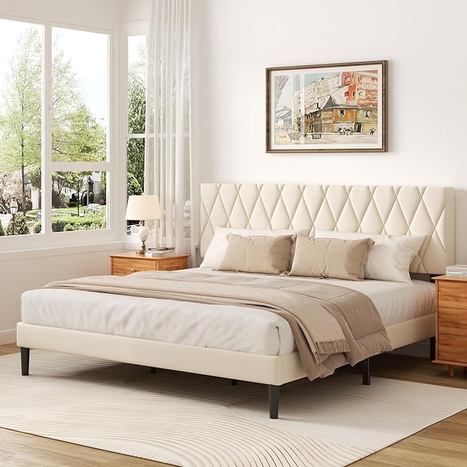 King Size Bed Frame with Diamond Tufted Headboard, Velvet Upholstered Platform Bed and Wooden Slat Support, Noise-Free, No Box Spring Needed, Easy Assembly, Beige