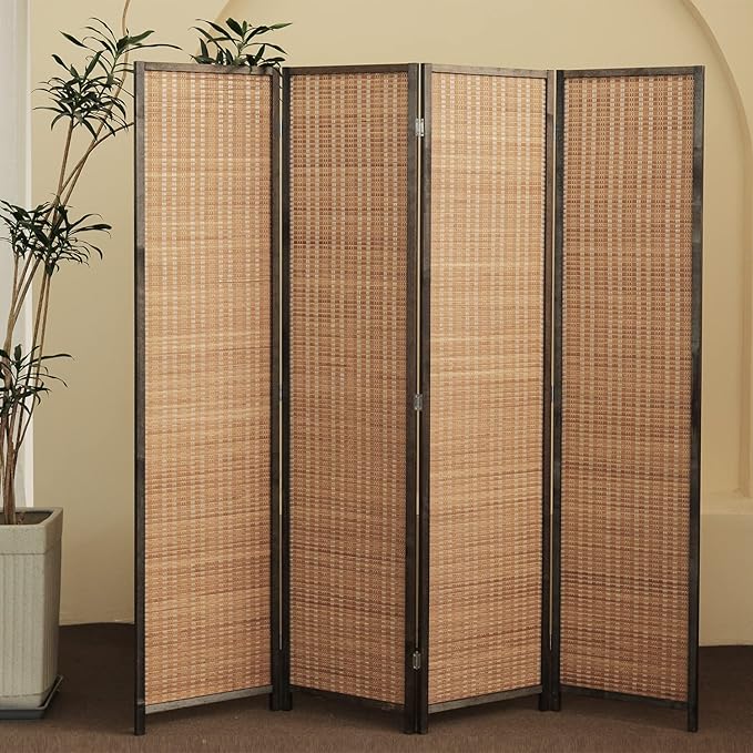 Furnnylane 4 Panel Bamboo Room Divider and Folding Panel Screen,Bamboo Panel Divider for Room Separation,Brown,67" H x 61.4" W