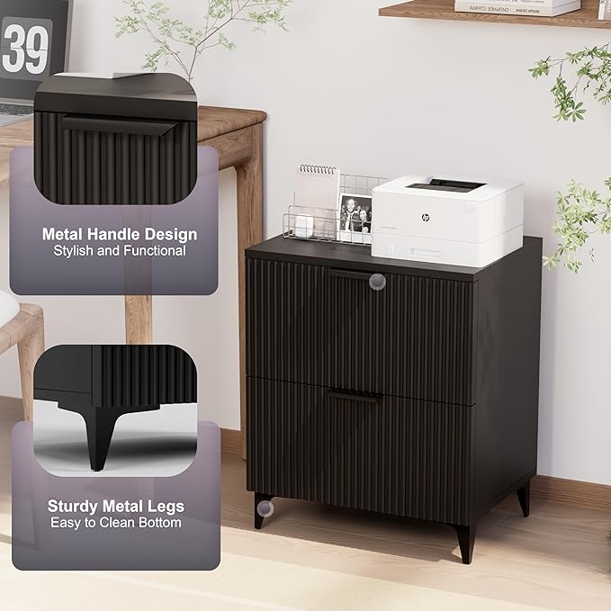 Royal Windsor Small Fluted Nightstand Set of 2 with 2 Drawers, Side End Table, Small Accent Storage Cabinet, Modern Night Stand Bedside Table for Bedroom Full Size Bed, Black