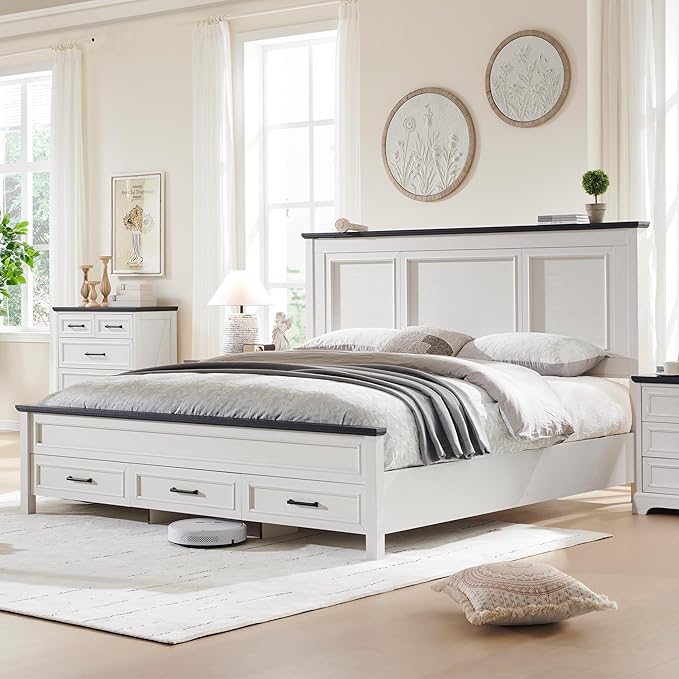 ACCOHOHO Farmhouse Queen Size Bed Frame with 52" Tall Headboard, Wood Platform Bedframe with Footboard and Storage Drawers, No Squeak, No Box Spring Needed, Off White