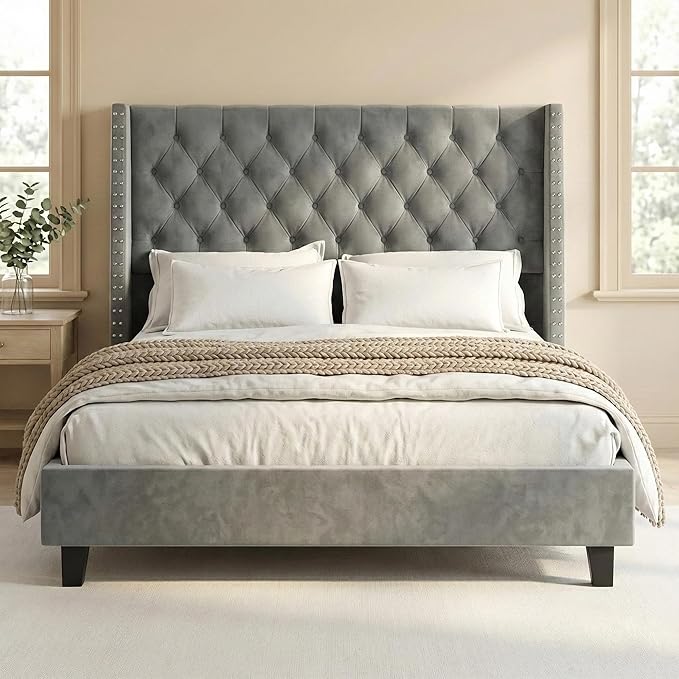 Queen Bed Frame Velvet, 47.2" Tall Wingback Headboard with Tufted Nailhead Trim, Upholstered Platform Bed with Sturdy Wood Slats, Robot Vacuum Friendly, No Box Spring Needed, Grey