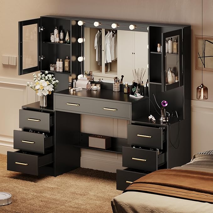 Black Vanity Desk with Mirror, Lights & Charging Station, 58.3" 3 Lighting Modes Makeup Desk with 8 Drawers, 2 Cabinets and Lots Storage, Dressing Table Vanity Set with Lighted Mirror