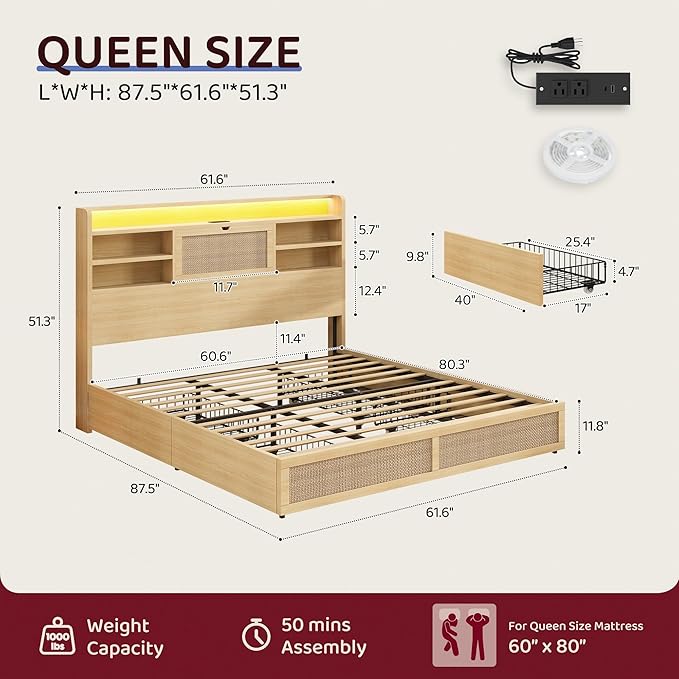 Queen Size Rattan Bed Frame with 4 Storage Drawers and Hidden Storage Headboard Wooden Platform Bed Frame with LED Lights and Charging Station, No Box Spring Needed, Easy Assembly, Natural