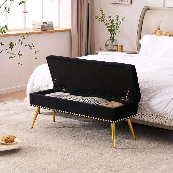 Velvet Storage Bench with Gold Legs& Nailhead Trim, 40" Wide Upholstered Modern Bedroom Bench for End of Bed, Tufted Ottoman for Entryway Living Room Dining Room (Black, 40" Wide)