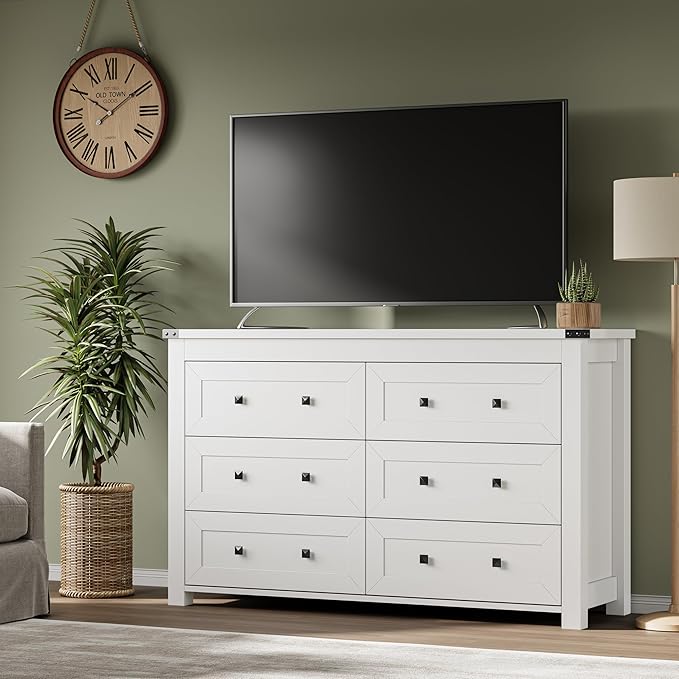 6-Drawer Dresser, Modern Wooden Storage Chest of Drawers, Dresser TV Stand, Wood Drawer Organizer with Metal Handles for Bedroom, Living Room, Hallway