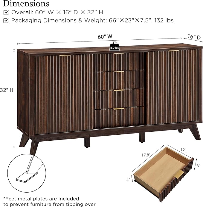 T4TREAM 60" Fluted Dresser with Sliding Doors and 4 Drawers, Modern Chest, Curved Profile Design, Dresser TV Stand, Wood Drawer Organizer for Bedroom, Living Room, Dark Walnut
