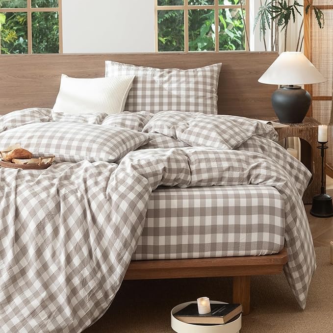 MooMee Gingham Duvet Cover Set 100% Washed Cotton Linen Like Textured Breathable Durable Soft Comfy Modern Checkered Design (Buffalo Plaid Tannish Linen Grey, Full 80"x90")