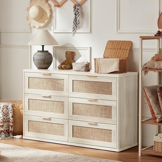 LEYAOYAO Rattan Dresser and Nightstand Sets 3 Piece, Boho Wood Dresser for Bedroom with 6 Drawers and Night Stand with 3 Drawer, Bedroom Furniture, Dressers & Chests of Drawers, Living Room, Hallway