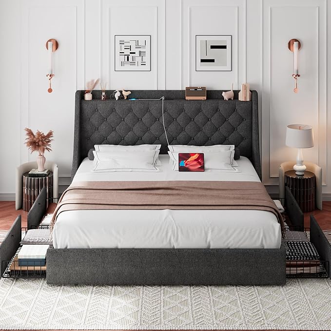 iPormis Full Size Bed Frame with 4 Storage Drawers, Upholstered Platform Bed Frame with Type-C & USB Ports, Wingback Storage Headboard, Solid Wood Slats, No Box Spring Needed, Dark Gray