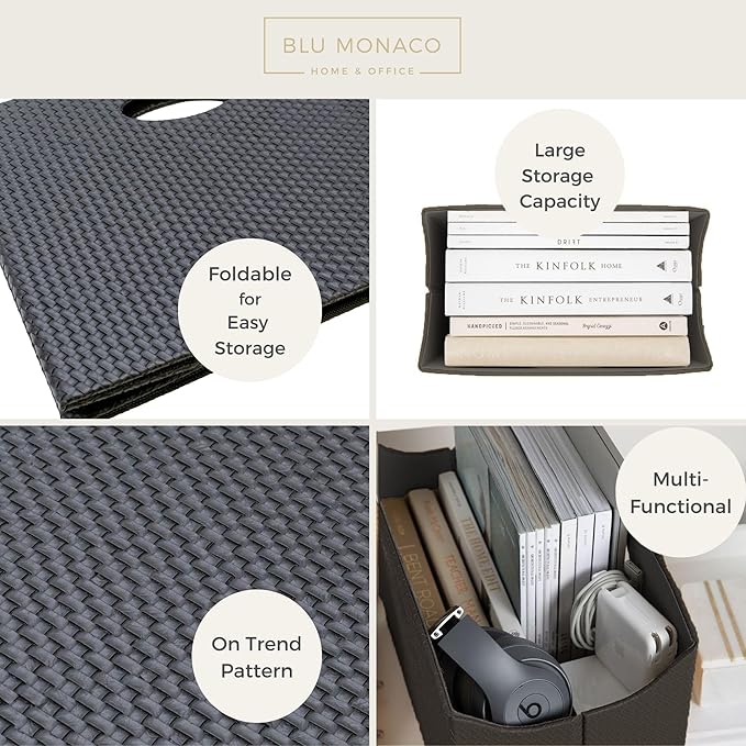 BLU MONACO | Black Woven Leather Magazine Holder with Handles | Stylish Magazine Rack for Floor or Table | Decorative Basket for Living Room, Office, or Reception