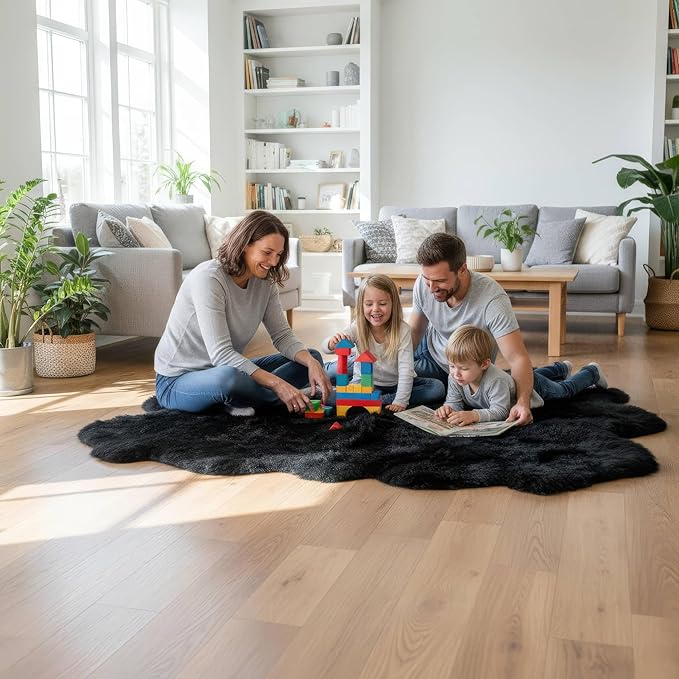 Black Sheepskin Rug 4x6 ft, Genuine Quad Pelt Fluffy Fur Area Rug for Living Room, Bed & Home Decor, Natural Sheepskin Throw