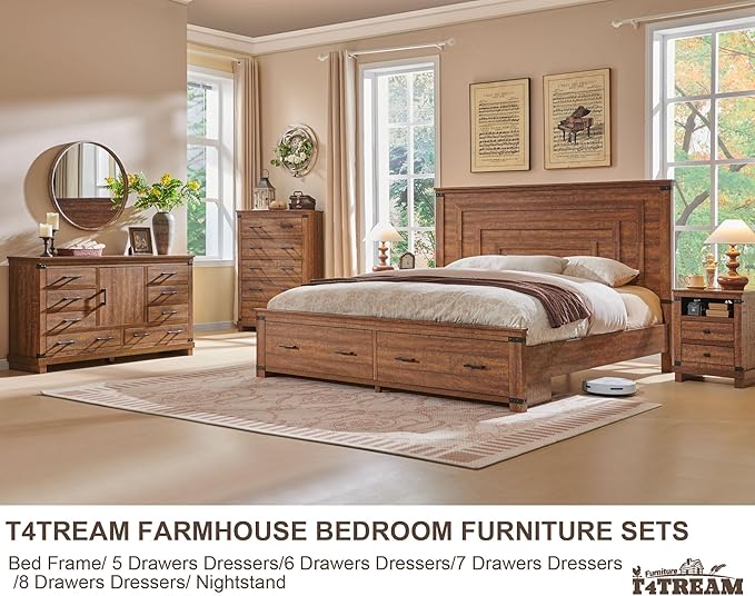 T4TREAM Farmhouse Queen Size Bed Frame with 54" Tall Geometric Headboard & 2 Large Storage Drawers, Rustic Wood Platform Bed with Wood Slats Support, No Box Spring Needed, Reclaimed Barnwood