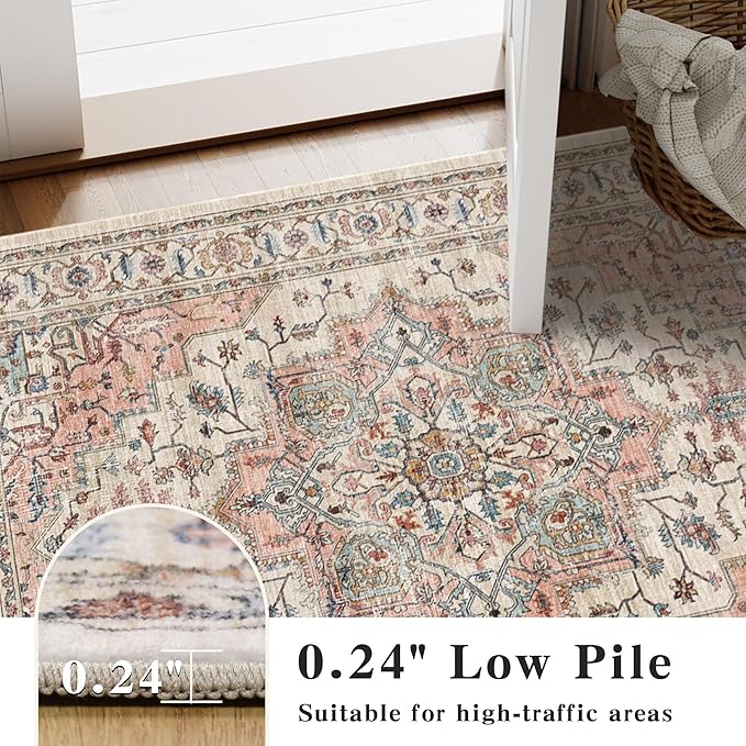 3x5 Vintage Distressed Area Rugs for Indoor Entrance Stain Resistant Washable Entryway Rug Ultra Soft Low Pile Lightweight Carpet Faux Wool Rugs for Living Room Bedroom Playroom Home Office