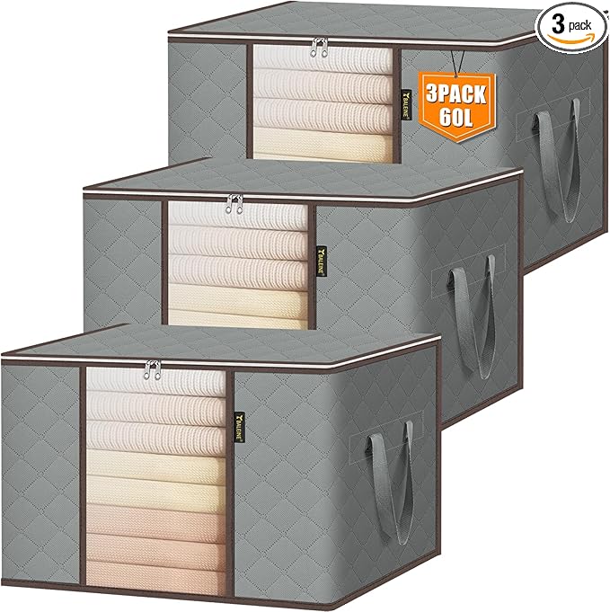 BALEINE 3 Pack Clothes Storage Bags, 16 Gallon Storage Containers with Reinforced Handle, Sturdy Zipper, Closet Organizer for Blanket, Comforter, Pillow, Bedding (Grey, 3 Pack)