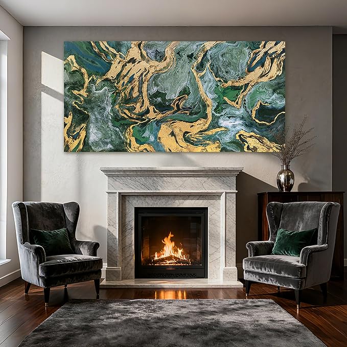 YETHEN WAL Green and Gold Abstract Canvas Wall Art 24×48 inch Horizontal, Emerald Marble Fluid Art, Gallery Wrapped, Ready to Hang, Modern Luxury Decor for Living Room Bedroom Entryway
