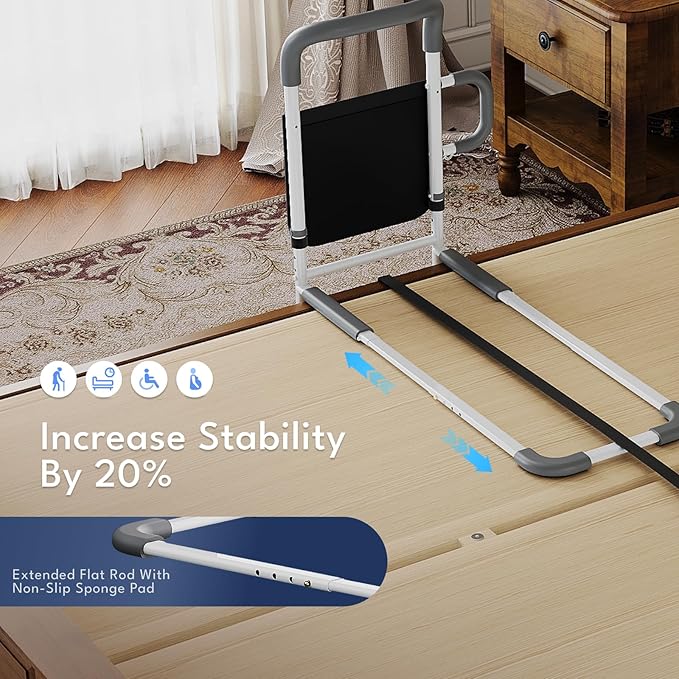 HOMEAL Bed Rails for Elderly Adults Safety - Adjustable Bed Assist Rails for Seniors, Adult Bed Guard Rail with Non-Slip Ergonomic Handle,Storage Pocket & Fixing Strap, 350 Tested(Grey, Without Light)