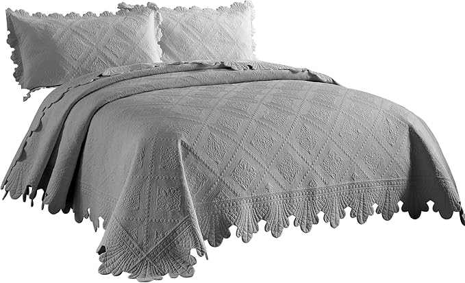 MarCielo 3-Piece 100% Cotton Oversized Bedspread Lightweight Quilt Coverlet Embroidery Farmhouse Bedding Set (Tk Light Grey, Oversized King (118"x106"))