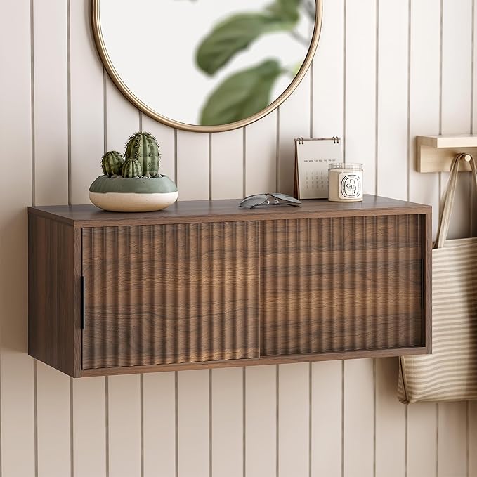 Large Floating TV Stands Set of 2, Modern Fluted Nightstands Wall Mounted Bedside Table Storage Cabinet with Sliding Doors for Living Room, Bedroom, Brown