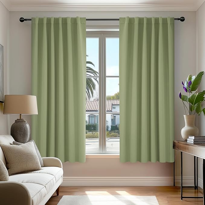 Deconovo Blackout Curtains, Thermal Insulated, W52 x L63 2 Panels, Back Tab, Machine Washable, Room-Darkening Drapes for Bedroom/Living Room Sage Green