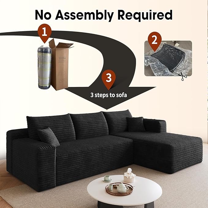 96" Sectional Couches for Living Room Modern Modular Sofa with L-Shape Couchs Upholstered Boneless Couch Deep Seat Sectional Couch with Chaise (Black, 96" Right Facing Chaise+2Seaters)