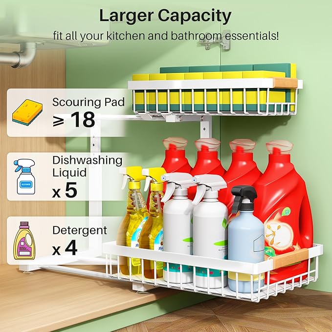 Kitstorack Under Sink Organizer, 2 Packs 2 Tier Under Sink Organizers and Storage, Slide out Pull out Cabinet Organizer Shelf, Metal Sliding Drawer for Kitchen Bathroom Pantry Closet Rack(White)