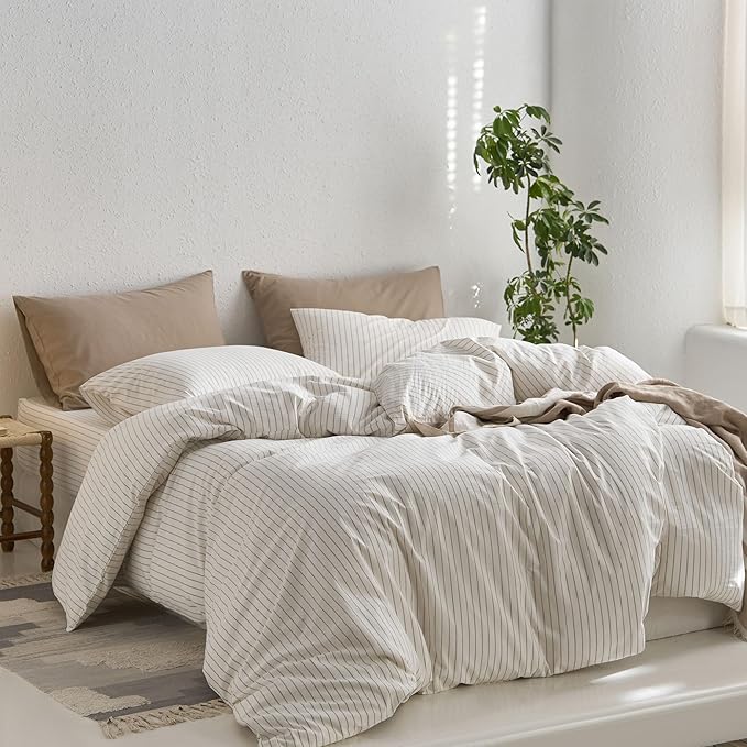 MooMee Striped Duvet Cover Set 100% Washed Cotton Linen Like Textured Breathable Durable Soft Comfy (White Tannish Linen Grey Wide Stripes, Cal King 104"x98")
