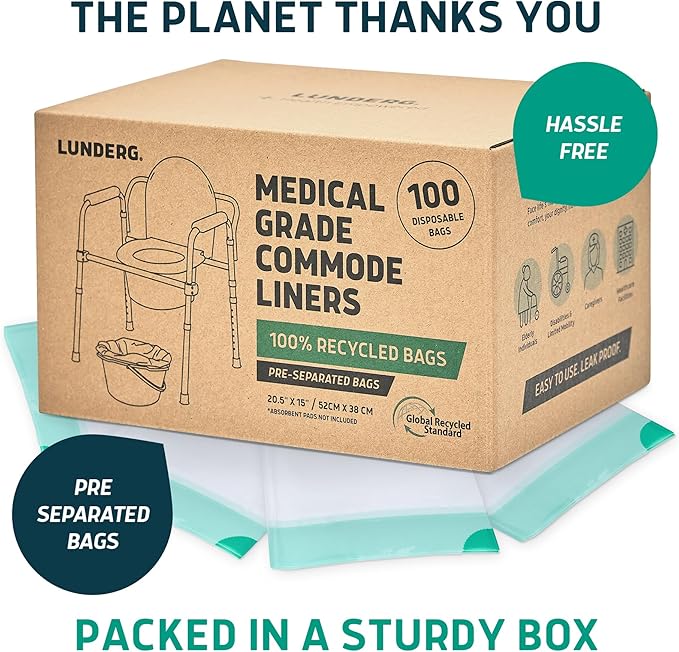 Lunderg Recycled Commode Liners - 100 Environment Friendly Portable Toilet Bags - Medical Grade Bedside Commode Liners Disposable - Universal Fit & Easy to Use - Absorbent Pads Not Included