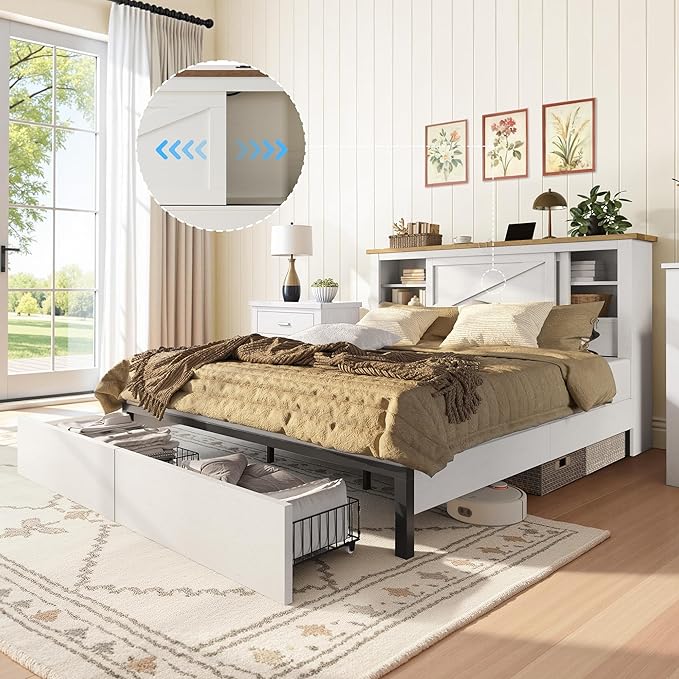 AMERLIFE King 47.2" H Bed Frame with Hidden Space Bookcase Headboard and Charging Station, Beds with 2 Storage Drawers and Wood Slats, No Box Spring Needed, White & Barnwood