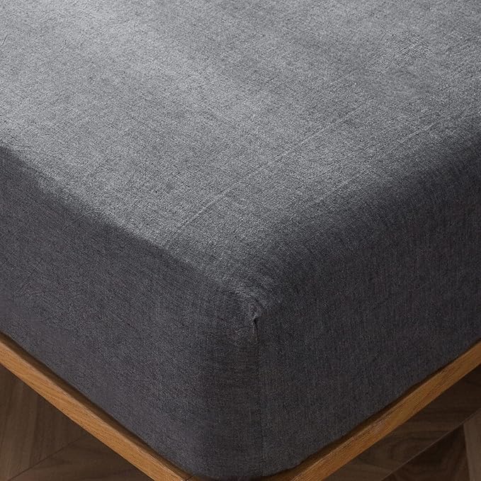 MooMee Fitted Bottom Sheet Only 100% Washed Cotton Linen Like Textured Breathable Durable Soft Comfy Deep Pocket Fits Mattress up to 17" (Dark Grey, King)