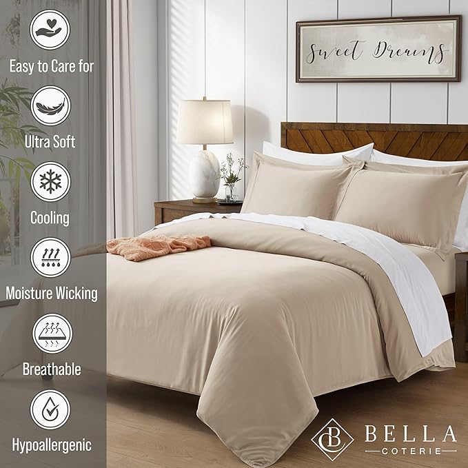 Bella Coterie Luxury Bamboo Viscose King Size Duvet Cover Set | 100% Organically Grown | Corner Ties | Ultra Soft | Cooling | Two Pillow Shams | 106 x 94 | No Insert [Dune]