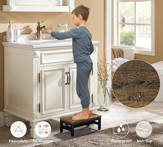 Y&M One Step Stool for Adults Kids, Adjustable Non-Slip Foot Stool with Sturdy Metal Frame, Bed Step for High Beds, Portable Step for Kitchen, Bathroom, Bedroom, Living Room – Rustic Brown