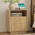 Nightstand with Charging Station, Mid Century Modern Nightstand with Arched Design, Boho End Table with Wood Grain Texture, Bedside Table for Bedroom Living Room Sofa Office, Oak
