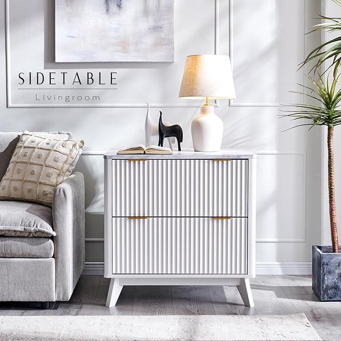 T4TREAM Modern Fluted Wood Night Stand, 30" Tall Bedside Table with 2 Drawers & Large Tabletop, Side Tables Bedroom, End Table for Living Room, White