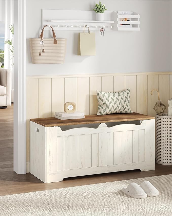 Hzuaneri 43.3" Storage Chest, Extra Large Storage Bench Trunk with 2 Hinges, Wooden Box, Lift-Top Chest Organizer, Shoe Bench for Entryway, Bedroom, Living Room, White and Brown SB25514X
