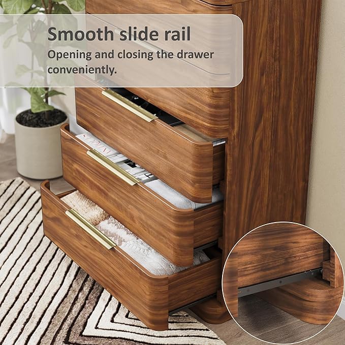 5 Drawer Dresser for Bedroom, 45" Tall Modern Chest of Drawers with Metal Handle, Curved Profile Design, Wooden Closet with Large Drawers Dressers Organizer for Entryway Hallway