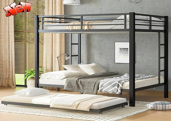 Upgraded Version Thicken Heavy Duty Metal Queen Bunk Bed with Twin Size Trundle, Modern Style Stronger Bunk Bed Frame for Adults, Easy Assembly (Queen Over Queen)