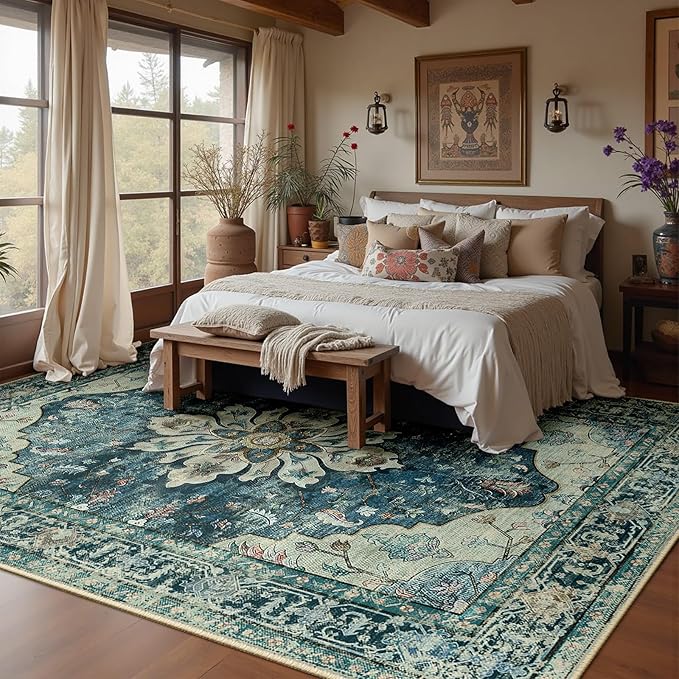 Area Rugs 9'x12' Washable Non-Slip, Floral Vintage Distress Print Pattern Medallion Carpet for Living Room Bedroom Dining Room, Dark Blue Vintage