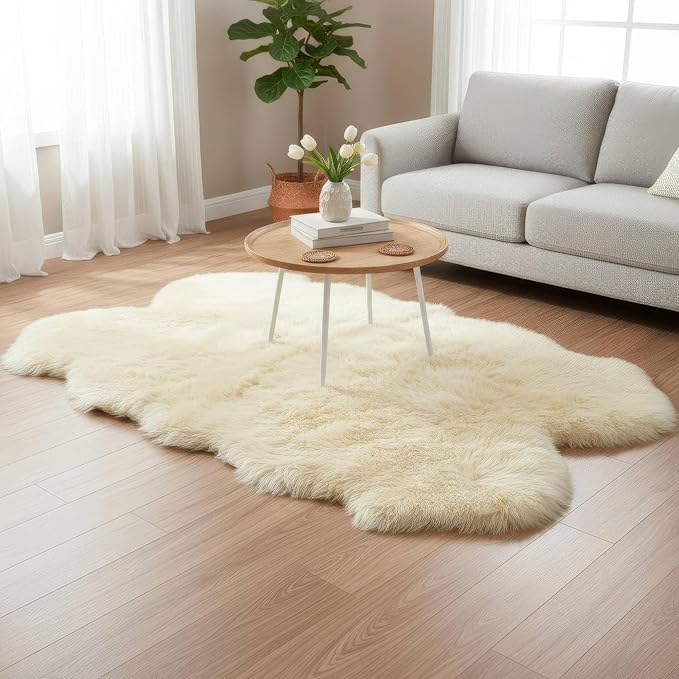 Premium Genuine Sheepskin Rug 4x6 ft, Real Fluffy Quad Pelt, Natural Fluffy Fur Area Rug for Living Room, Bedroom & Home Decor - Champagne Color