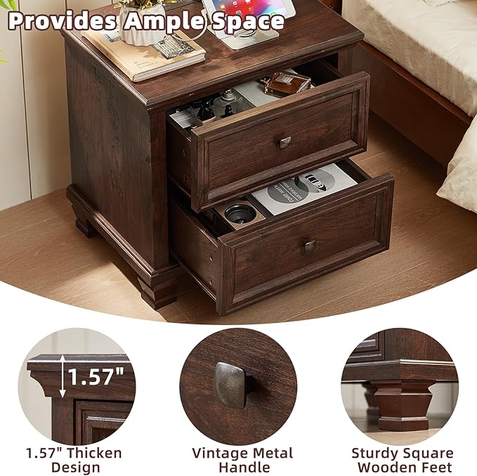 Farmhouse Nightstand with Charging Station, Rustic Low Night Stand with 2 Drawers, Mid-Century Modern End Table with 4 Square Solid Wood Legs, Small Dresser for Bedroom, Home, Walnut