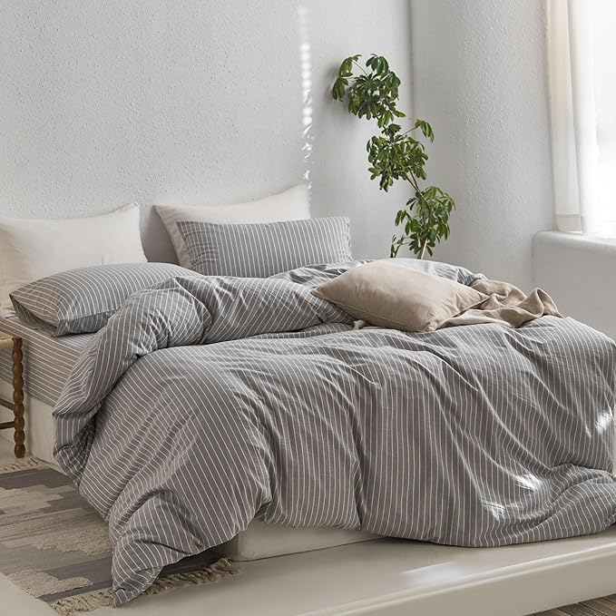 MooMee Striped Duvet Cover Set 100% Washed Cotton Linen Like Textured Breathable Durable Soft Comfy (Light Grey White Wide Stripes, Oversized Queen 98"x98")