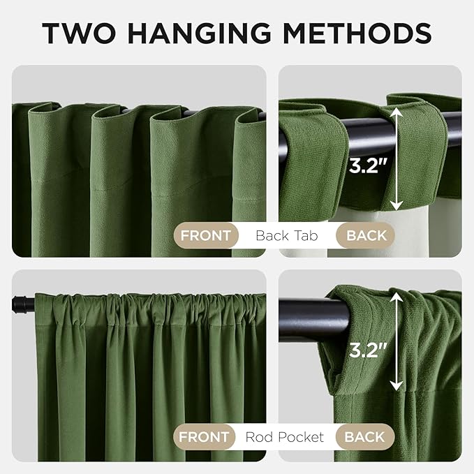 Joydeco Olive Green 100% Blackout Curtains 120 Inch 2 Panels, Luxury Thermal Green Velvet Curtains for Bedroom Living Room, Soundproof Blackout Window Drapes, Rod Pocket & Back Tab (52W x 120L)