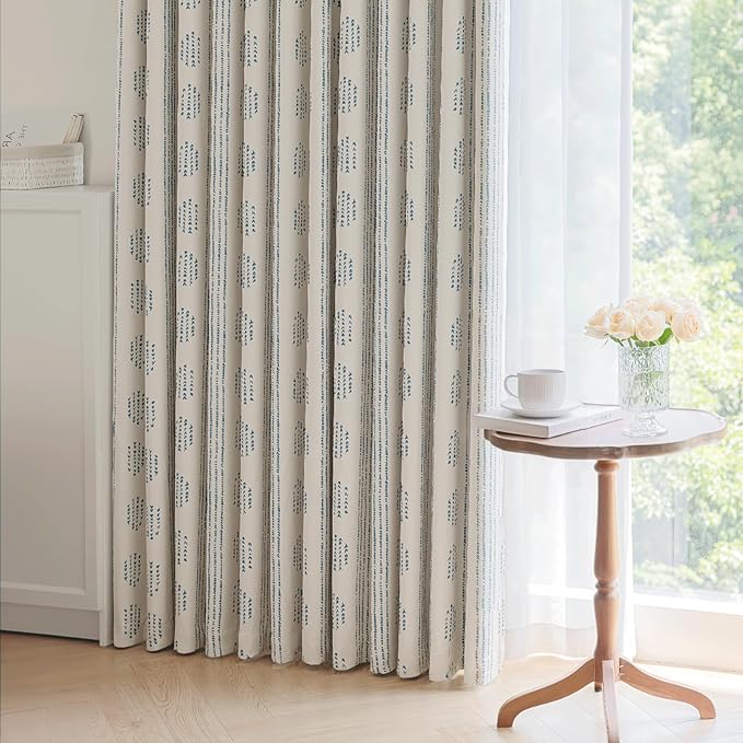 100% Boho Blackout Curtains 96 Inches Long for Bedroom, Blue on Beige Patterned Bohemian Curtains for Living Room, Geometric Striped Thermal Insulated Window Drapes Gromment Top 2 Panels