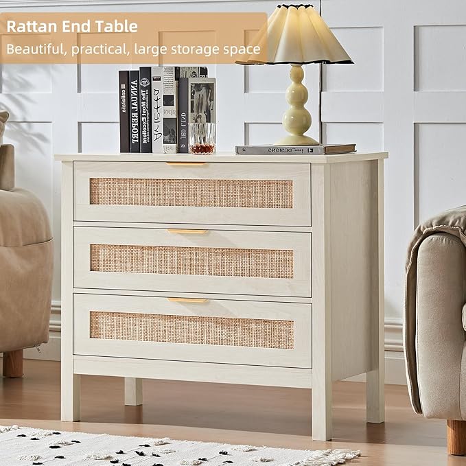LEYAOYAO 31.5" Wide Rattan Night Stand, Large Boho Nightstand, Bedside Table with Storage, Tall Bed Side End Tables, Chest of Drawers for Bedroom, Living Room, Hallway（Grey,3 Drawers,2）