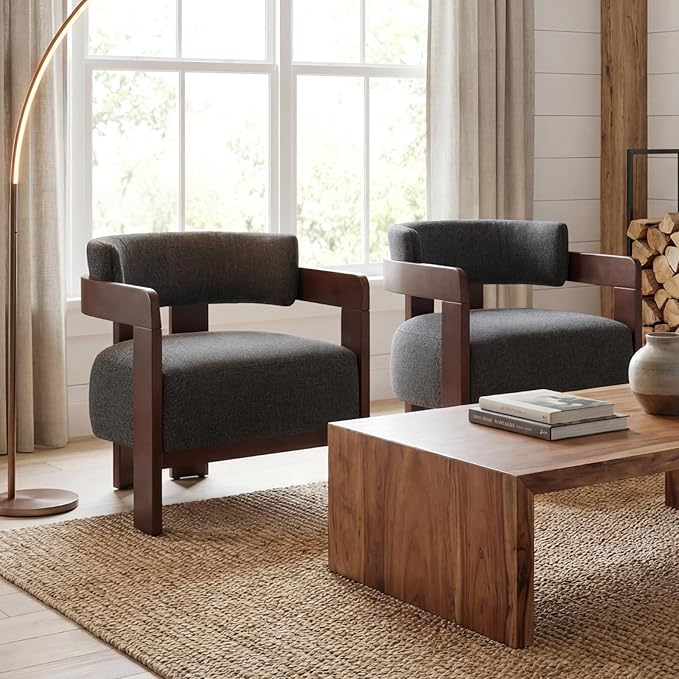 Barrel Accent Chair, Cozy Upholstered Living Room Chair for Bedroom, Walnut Wood Frame, Vintage Modern Lounge Reading Chair for Apartment Waiting Room Office,1 PCS, Charcoal