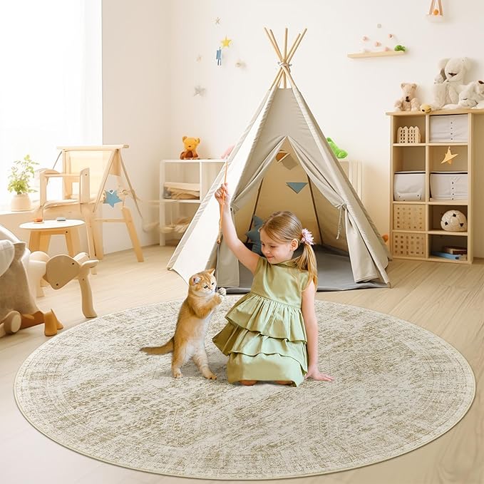 8x8 Beige Round Rug 8ft Living Room Circle Rug Vintage Round Area Rug Non Slip Indoor Carpet for Apartment