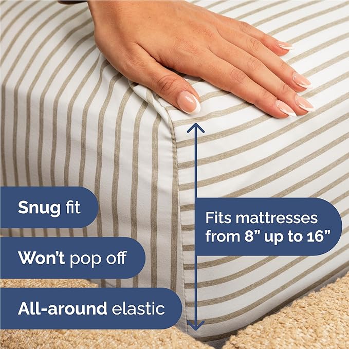Twin XL 4 Piece Sheet Set - Cooling & Breathable - Hotel Luxury Bedding, Includes Fitted Sheet for Women, Men, Kids & Teens - 1 Flat, 1 Fitted Sheet, 2 Pillowcases with Deep Pockets - Beige Stripes