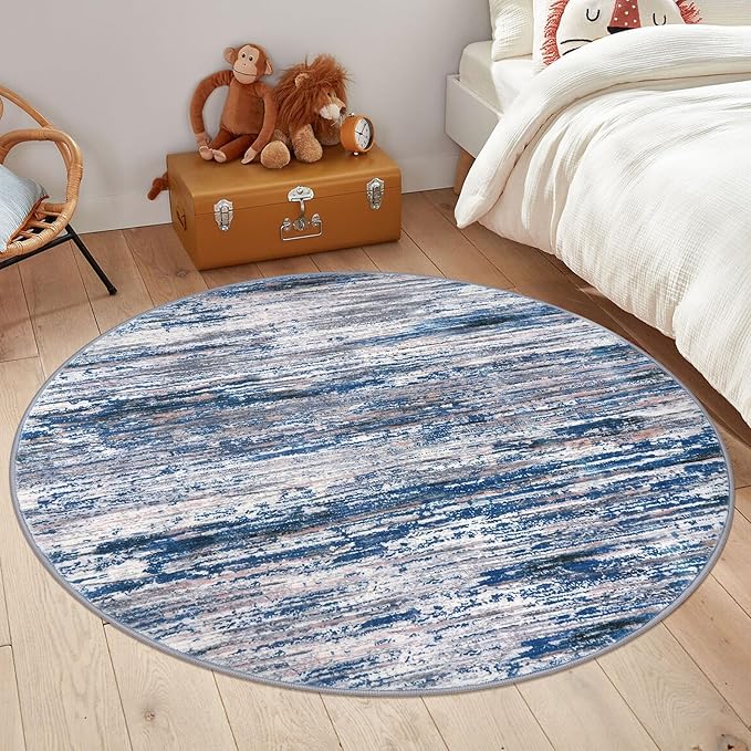 5' Round Rug Washable Rug for Entryway, Navy Blue Gray Neutral Multi Soft Non-Slip Area Rugs Modern Abstract Low-Pile Carpet, Neutral Vintage Circle Rugs for Living Room Dining Bedroom Foyer