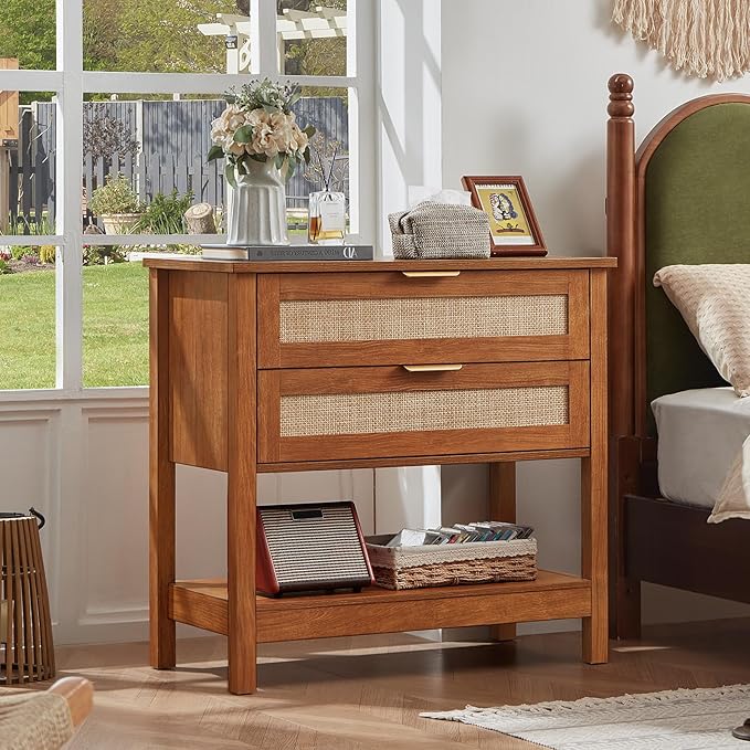 LEYAOYAO 31.5" Wide Rattan Night Stand, Large Boho Nightstand, Bedside Table with Storage, Tall Bed Side End Tables, Chest of Drawers for Bedroom, Living Room, Hallway（Brown,2 Drawers,2）